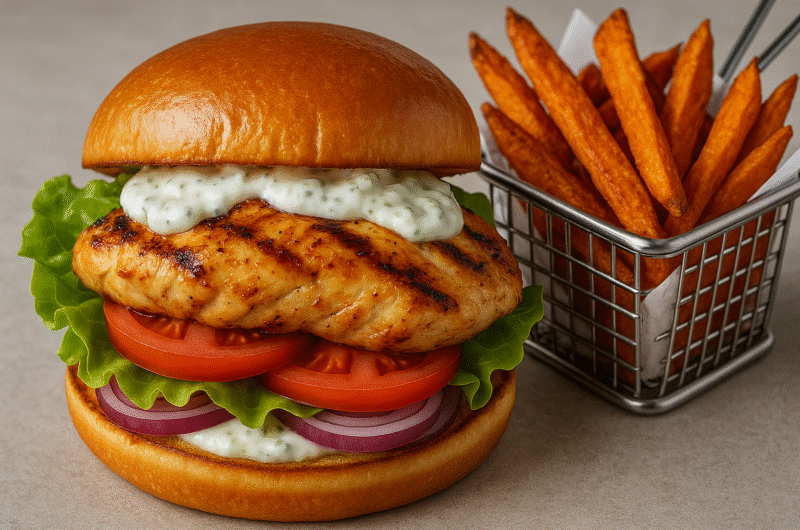 Grilled Chicken Sandwich with Garlic Parmesan Sweet Potato Fries & Homemade Tzatziki