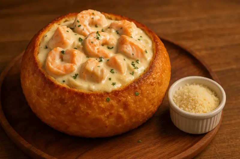 Shrimp & Salmon Alfredo in Garlic Bread Bowl