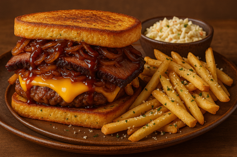 Smokehouse Brisket BBQ Patty Melt with Garlic Parmesan Fries & Creamy Coleslaw