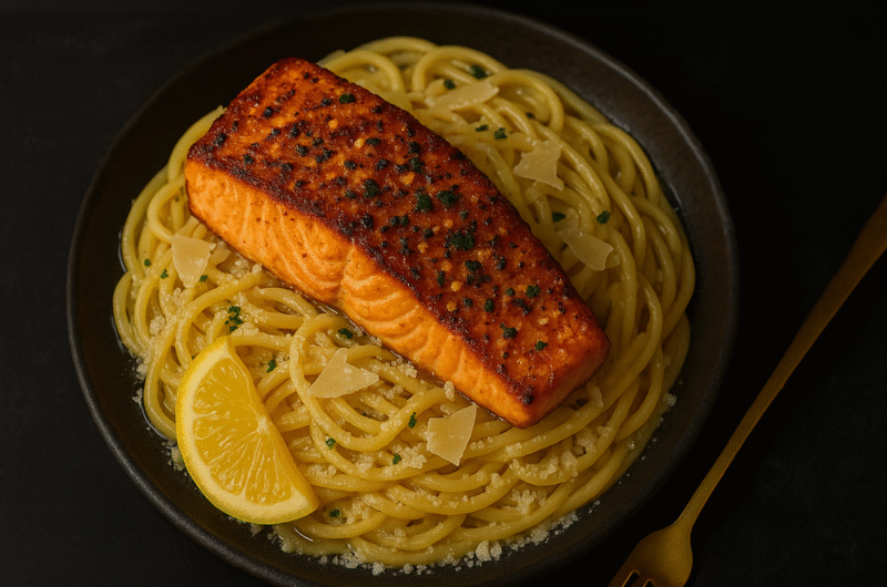 Old Bay Parmesan Salmon Over Garlic Lemon Butter Linguine
